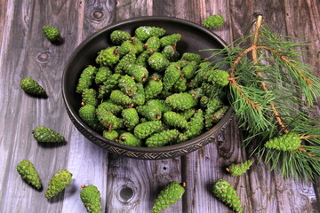 Green Pine Cones. Young green pine cones in the clay  cup, top view.