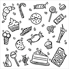 Vector illustration with sweets. Doodle vector with sweets icons on white background. Vintage sweets illustration, sweet elements background for your project, menu, cafe shop. 