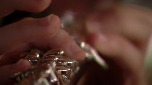 Woman Hands Playing Clarinet. Close Up. 