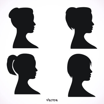 Set of black silhouette girl head with different hairstyle: tail, ponytail, bun. Young women face in profile with long hair, cartoon design. vector art image illustration, isolated on white background
