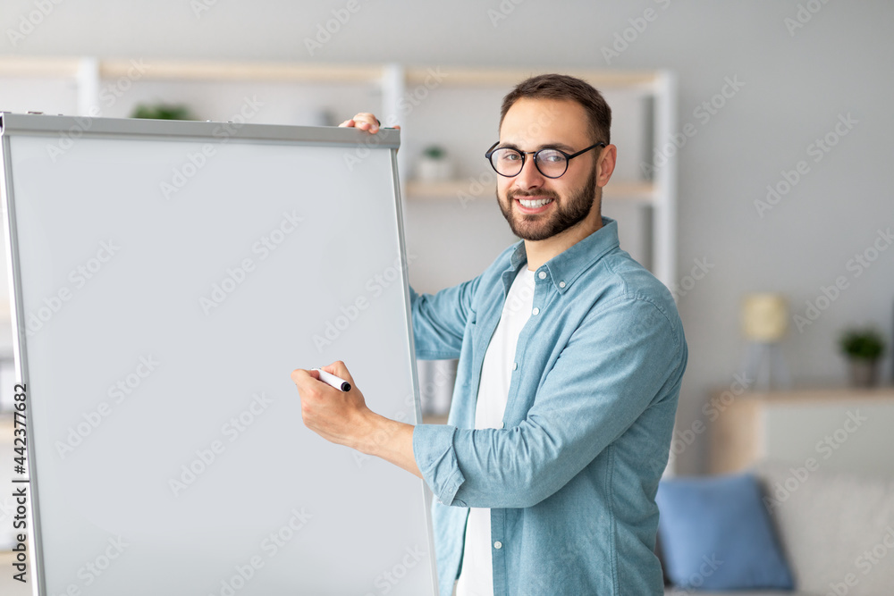 Poster Foreign languages tutor giving online class, pointing at empty blackboard with mockup, having video call with students
