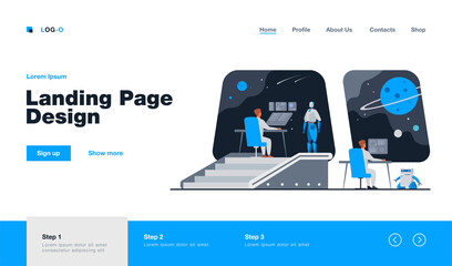 Futuristic space station interior with human and robotic crew. People and robots monitoring galaxy. For interstellar spaceship bridge, science fiction, intergalactic travel concept © SurfupVector