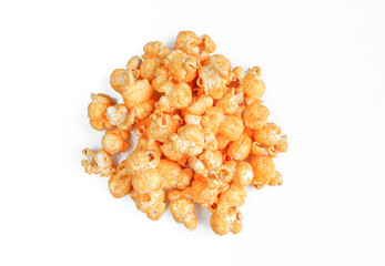 Pile of cheesy popcorns isolated on white background