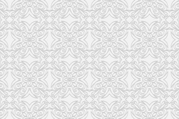 Foto auf Glas 3d volumetric convex embossed geometric white background. Ethnic ornament with openwork artistic pattern in the style of handcrafted Islam, Arabic, Indian, Turkish, Pakistani, Chinese, ottoman motives ©  swetazwet