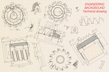 Mechanical engineering drawings on beige technical paper background. Cutting tools, milling cutter. Industrial Design. Cover. Blueprint. Business business. Vector illustration.