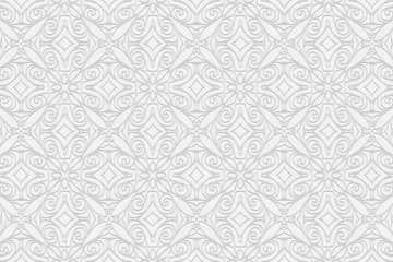 Behang 3d volumetric convex embossed geometric white background. Ethnic ornament with a unique openwork pattern in the style of handmade Islam, Arabic, Indian, Turkish, Pakistani, Chinese, ottoman motives. ©  swetazwet