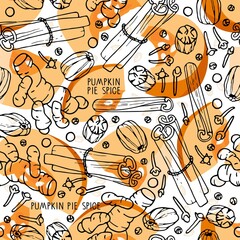 Seamless pattern with traditional pumpkin spices. Autumn backdrop Hand drawn Doodle nutmeg, cinnamon, cloves, pepper and flat pumpkin pieces. Cooking ingredient. For wallpaper, wrapping, scrapbooking.