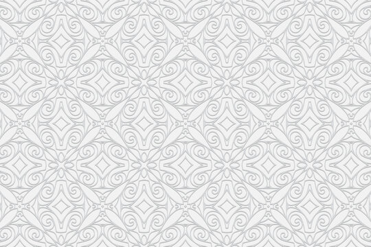 3d volumetric convex embossed geometric white background. Ethnic ornament with a unique openwork pattern in the style of handmade
Islam, Arabic, Indian, Turkish, Pakistani, Chinese, ottoman motives.