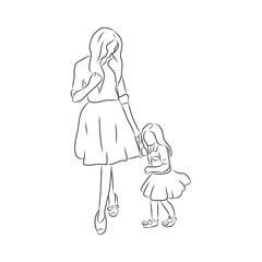 line drawing of mother holding children to walk