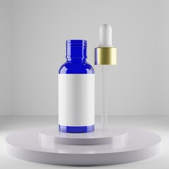 open blue glossy dropper bottle with a gold lid and blank label for mockup