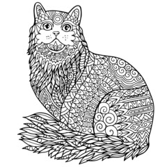 Hand drawn Coloring pages with cat , zentangle illustration for adult anti stress Coloring books or tattoos with high details isolated on white background. Vector monochrome sketch