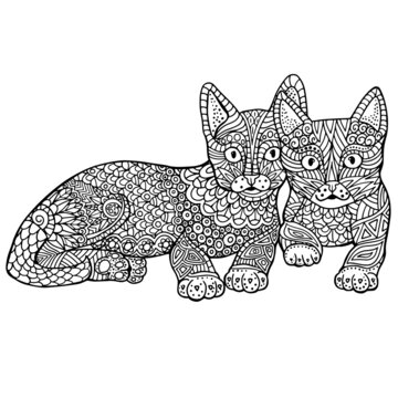 Hand drawn Coloring pages with cat , zentangle illustration for adult anti stress Coloring books or tattoos with high details isolated on white background. Vector monochrome sketch