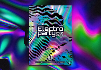 Event Poster Layout with Iridescent Holographic Wave Pattern Background