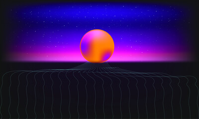 Futuristic retro landscape of the 80`s.  Vector futuristic illustration of sun with mountains in retro style.  Digital Retro Cyber ​​Surface.  Suitable for design in the style of the 1980`s. EPS 10