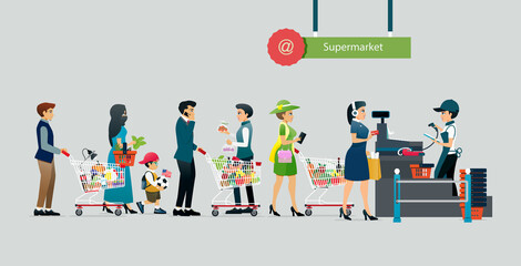 People line up to pay in supermarkets with gray backdrops.