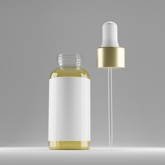 open clear transparent dropper bottle with a gold lid and blank label for mockup