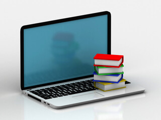 Digital library, e-learning, online bookstore or education. Books on a computer laptop. 3d illustration