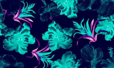 Fototapeta na wymiar Purple Hibiscus Garden. Blue Flower Backdrop. Pink Seamless Jungle. Green Watercolor Set. Pattern Backdrop. Tropical Garden. Exotic Leaves. Art Decor.