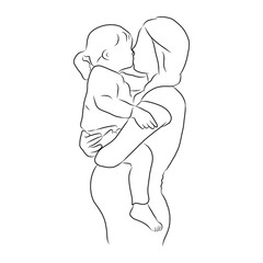 line drawing of mother picked up and kissed her child