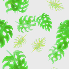 Natural Monstera Plant. Organic Seamless Background. Pattern Plant. Watercolor Painting. Tropical Textile. Floral Leaf. Summer Backdrop. Botanical Set.