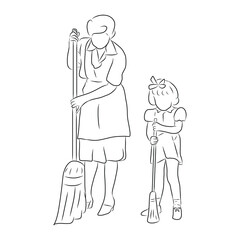 line drawing of mother and child help clean