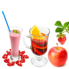 drinks from currant, orange, apple and strawberry isolated on a white background. Collage.