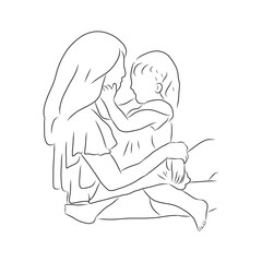 line drawing of mother hugs her child and plays with her child