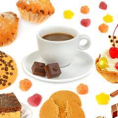 Cup of coffee, cupcake, chocolate, cake and marmalade isolated on white. Collage.