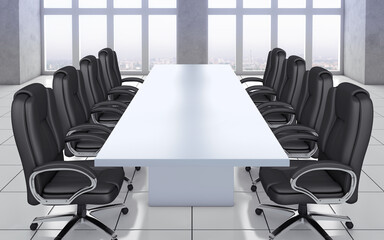 Bright conference room interior with huge windows and city view. Workplace and company concept. 3D Rendering