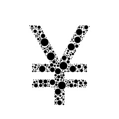 A large yuan symbol in the center made in pointillism style. The center symbol is filled with black circles of various sizes. Vector illustration on white background