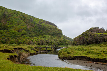 Fototapeta na wymiar Wooden bridge in a landscape of green hills and cloudy sky