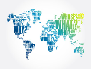 Question Words World Map in Typography, words cloud business concept background