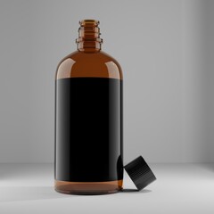 opened amber brown medicine or whiskey bottle with a blank label for mockup