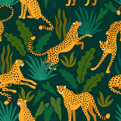 Tropical pattern with cheetahs. Vector seamless square pattern with cheetahs in various poses surrounded by tropical leaves. Isolated on dark green background