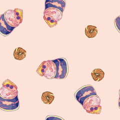 vector illustration seamless pattern,berry cocktail with cookies,bun,pink background,for wallpaper,fabric or furniture