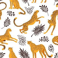 Tropical pattern with cheetahs. Vector seamless square pattern with cheetahs in various poses surrounded by tropical leaves silhouettes and animal prints. Isolated on white