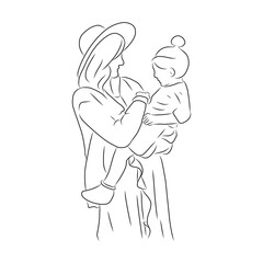 line drawing of mother hugs and plays with her child