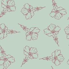 vector illustration seamless pattern flower bud Loach burgundy contour on gray-blue background