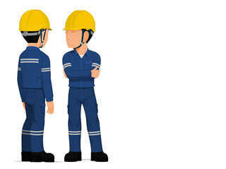 Two industrial worker have a meeting on white background