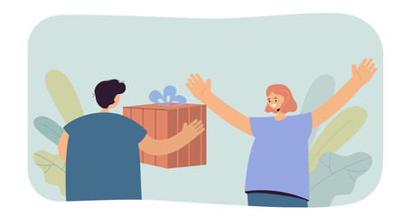 Boy giving huge gift to girl. Flat vector illustration. Boy congratulating girl on her birthday or holiday, handing over gift box with bow. Birthday, gift, party, congratulations, friendship concept
