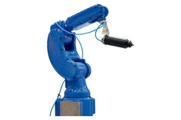 Blue robotic installed blow spray arms for workshop paint and brush metalwork on industrial smart...