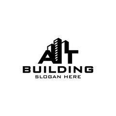 Building construction logo design with initial AT