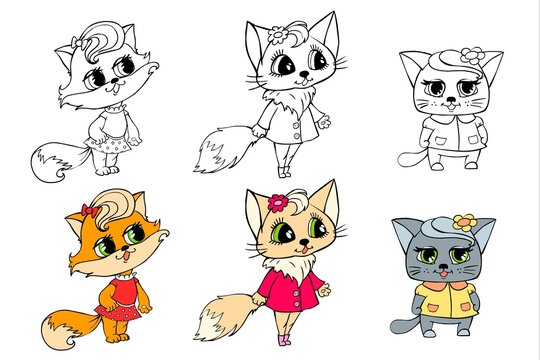 Set of cartoon cats girls in clothes. Images in color and lines. Isolated on white background. Cute and funny characters, children's coloring pages. 
