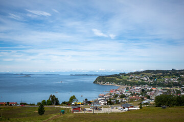 Fototapeta na wymiar View of Achao on Quinchao Island in Chiloé, Chile. Southern town close to the sea