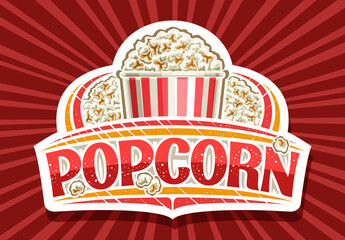 Vector logo for Popcorn, white decorative sign board with illustration of homemade salted pop corn, poster with unique brush lettering for word popcorn for fast food cafe on rays of light background.