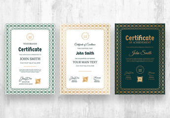 Certificate with Vintage Classic Golden Frame Green Portrait