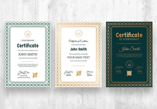 Certificate with Vintage Classic Golden Frame Green Portrait