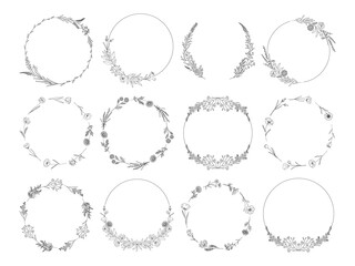 Floral wreaths set, black line art garlands, isolated on white. Botanical frames of wild flowers, herbs, branches for wedding decoration, design projects. Vector illustration.