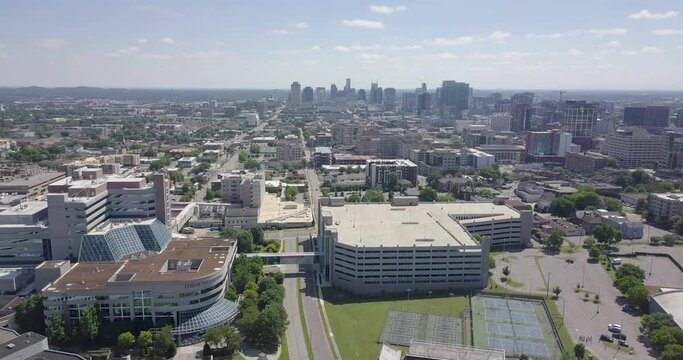 Drone Flying High Towards Downtown Nashville