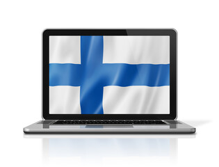 Finnish flag on laptop screen isolated on white. 3D illustration